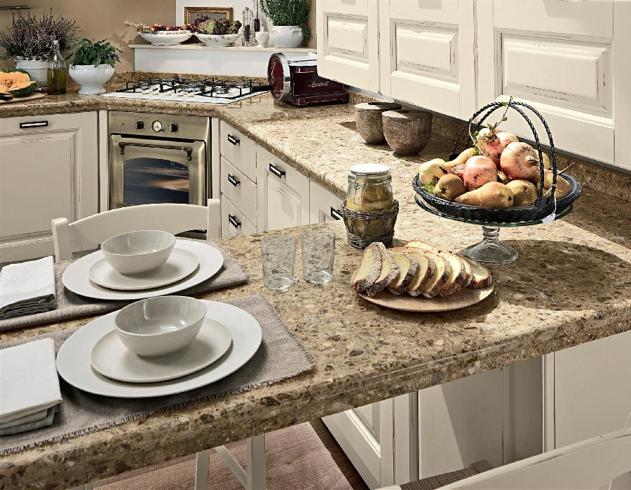 farmhouse-style kitchen are combined with granite countertops