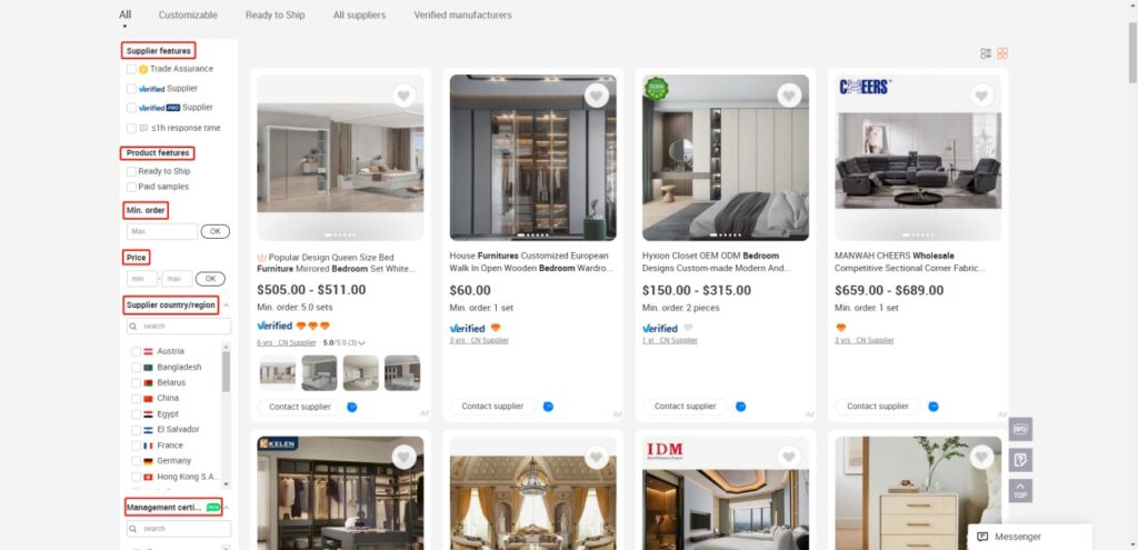 The results displayed when you search for bedroom furniture wholesale on Alibaba