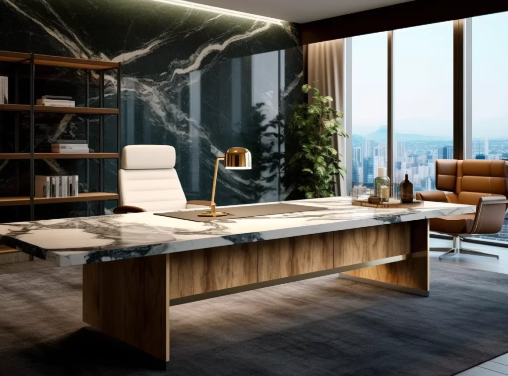 Executive Desk by Contemporary Office Furniture - Rich Walnut Finish, L-Shaped Design, Matte Black Accents-1 Custom Office Executive Desk - Solid Oak, U-Shaped Design, Adjustable Modularity-4