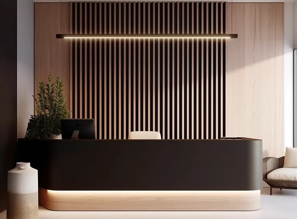 Wooden Contemporary Office Reception Desk - Rich Walnut Finish, Streamlined Design, Built-in Storage Handcrafted Custom Reception Desk - Sustainable Materials, Adjustable Features, Selection of Finishes-3