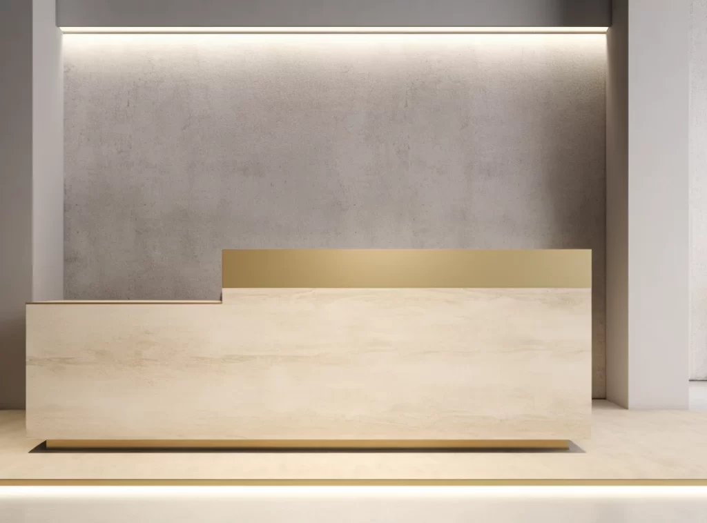 Wooden Contemporary Office Reception Desk - Rich Walnut Finish, Streamlined Design, Built-in Storage-8 Handcrafted Custom Reception Desk - Sustainable Materials, Adjustable Features, Selection of Finishes-2