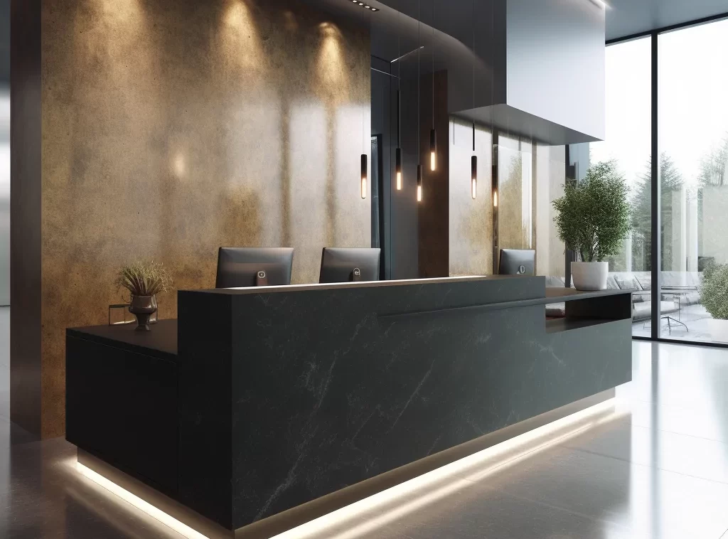 Wooden Contemporary Office Reception Desk - Rich Walnut Finish, Streamlined Design, Built-in Storage-9 Handcrafted Custom Reception Desk - Sustainable Materials, Adjustable Features, Selection of Finishes-1