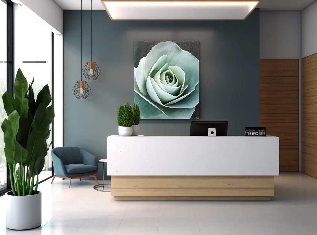 Wooden Contemporary Office Reception Desk - Rich Walnut Finish, Streamlined Design, Built-in Storage-4 Handcrafted Custom Reception Desk - Sustainable Materials, Adjustable Features, Selection of Finishes-6