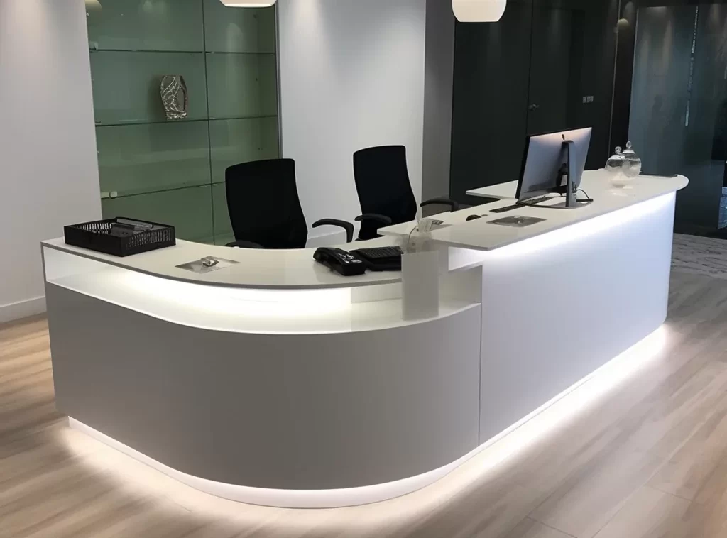 Wooden Contemporary Office Reception Desk - Rich Walnut Finish, Streamlined Design, Built-in Storage-5 Handcrafted Custom Reception Desk - Sustainable Materials, Adjustable Features, Selection of Finishes-5