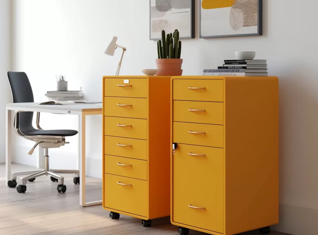 Modern Design Commercial Office File Cabinet: orange finish with rose gold handles and mobile casters Modern Design Commercial Office File Cabinet: orange finish with rose gold handles and mobile casters