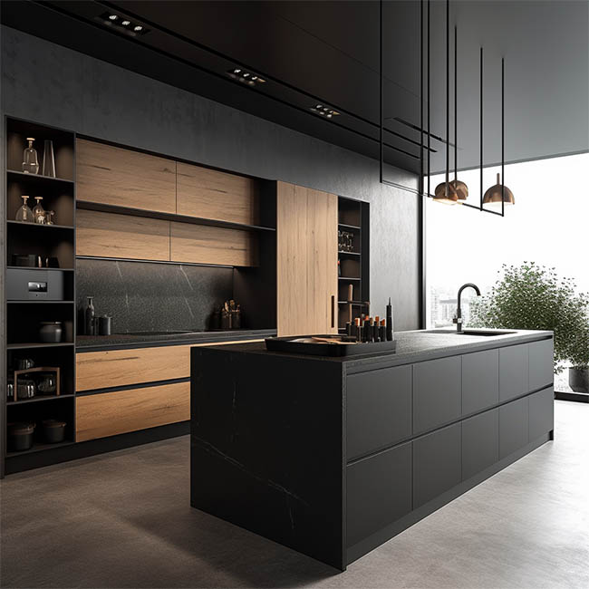 black kitchen with modern wood cabinets
