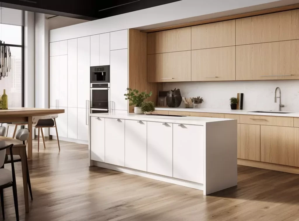 Natural Oak Finish Contemporary Kitchen Cabinet: For Compact Spaces with Hidden Drawers-1 Natural Oak Finish Contemporary Kitchen Cabinet: For Compact Spaces with Hidden Drawers-1