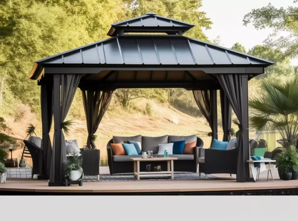 Chic Urban Hotel Outdoor Gazebo: Black Metal Frame with Retractable Canopy-4 Chic Urban Hotel Outdoor Gazebo: Black Metal Frame with Retractable Canopy-4