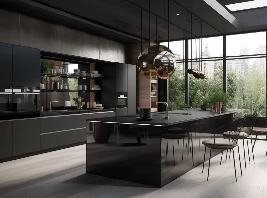 Modern Luxury Kitchen Cabinet: High-Gloss Black with Built-in Wine Rack-1 Modern Luxury Kitchen Cabinet: High-Gloss Black with Built-in Wine Rack-1