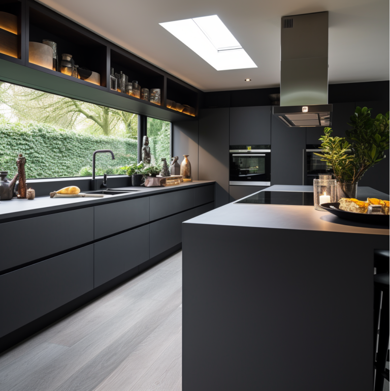 Pair Dark Grey Kitchen Cabinets With Green Plants - HSM Cabinets