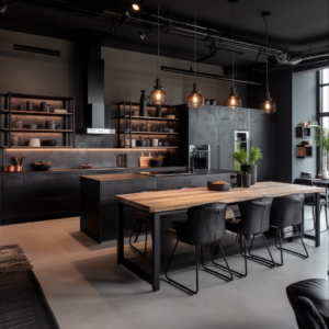 Chic Industrial Kitchen With Distressed Black Flat-panel Cabinetry ... - Industrial Luxury Custom Cabinetry Suppliers