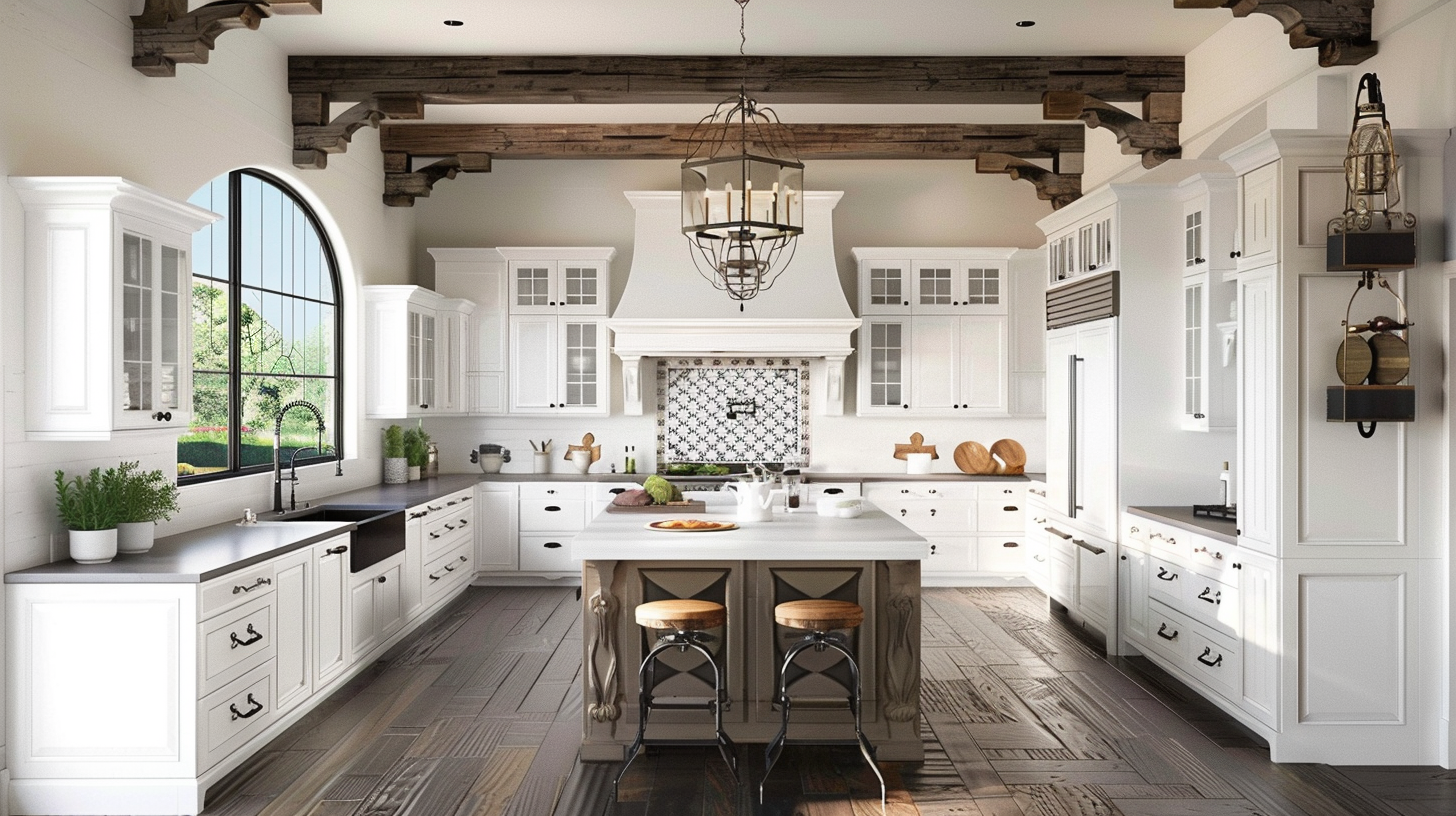 Large gorgeous kitchen with white cabinets and gray countertops