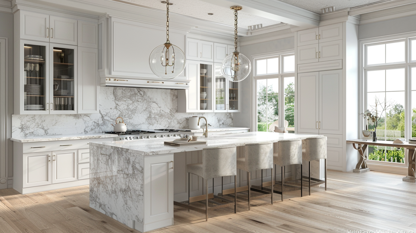 Luxurious transitional kitchen with light gray countertops and marble center island