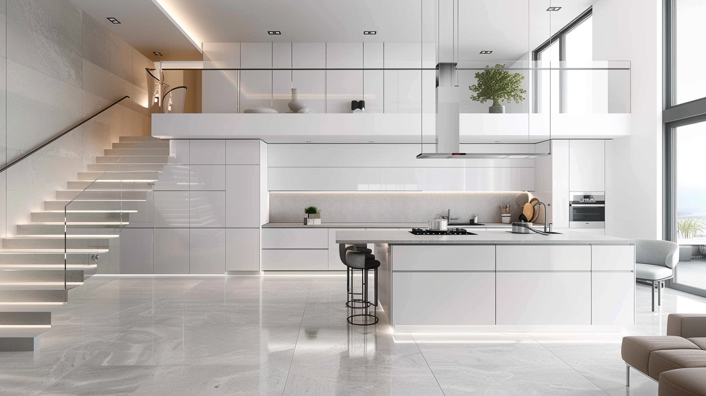 Minimalist contemporary kitchen with gray polished countertops and ceramic flooring