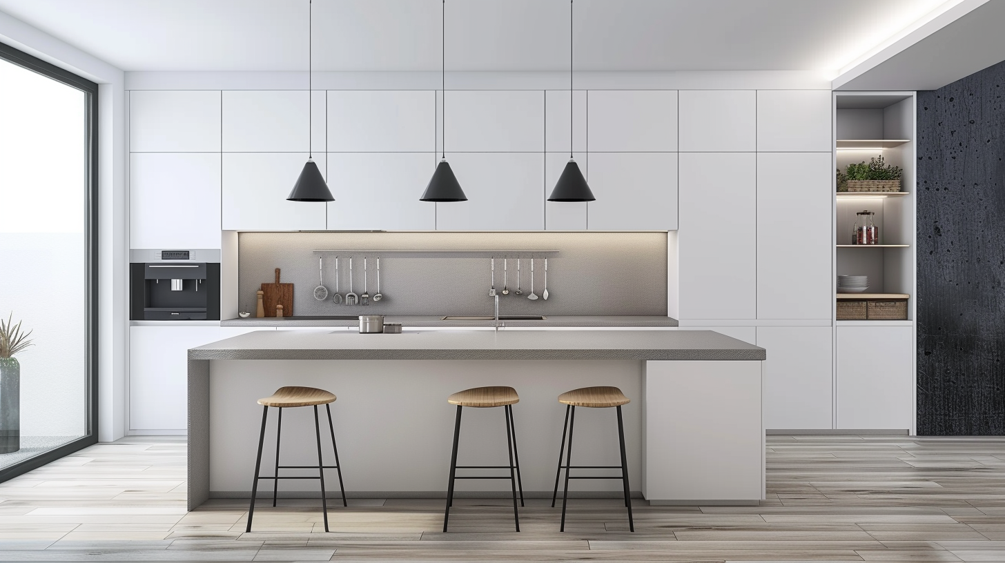 Minimalist white contemporary kitchen with gray quartz countertops and light wood floors