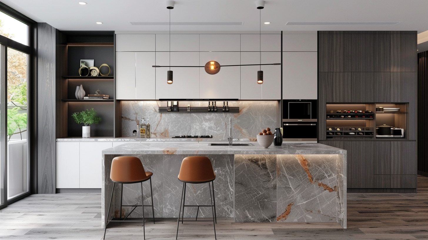 Modern kitchen with waterfall island and light gray countertop