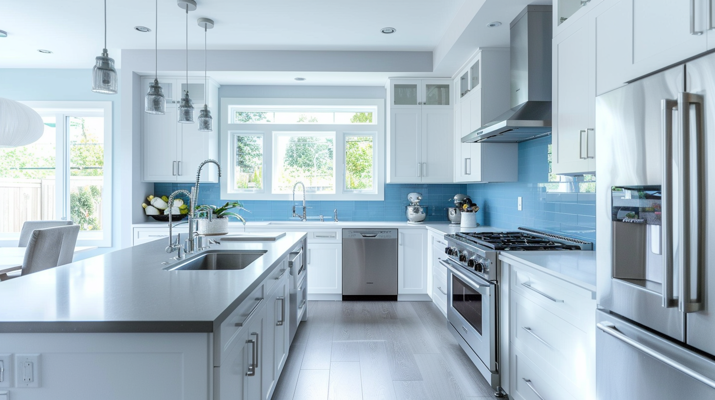 Shaker white kitchen with gray countertops and blue backsplash