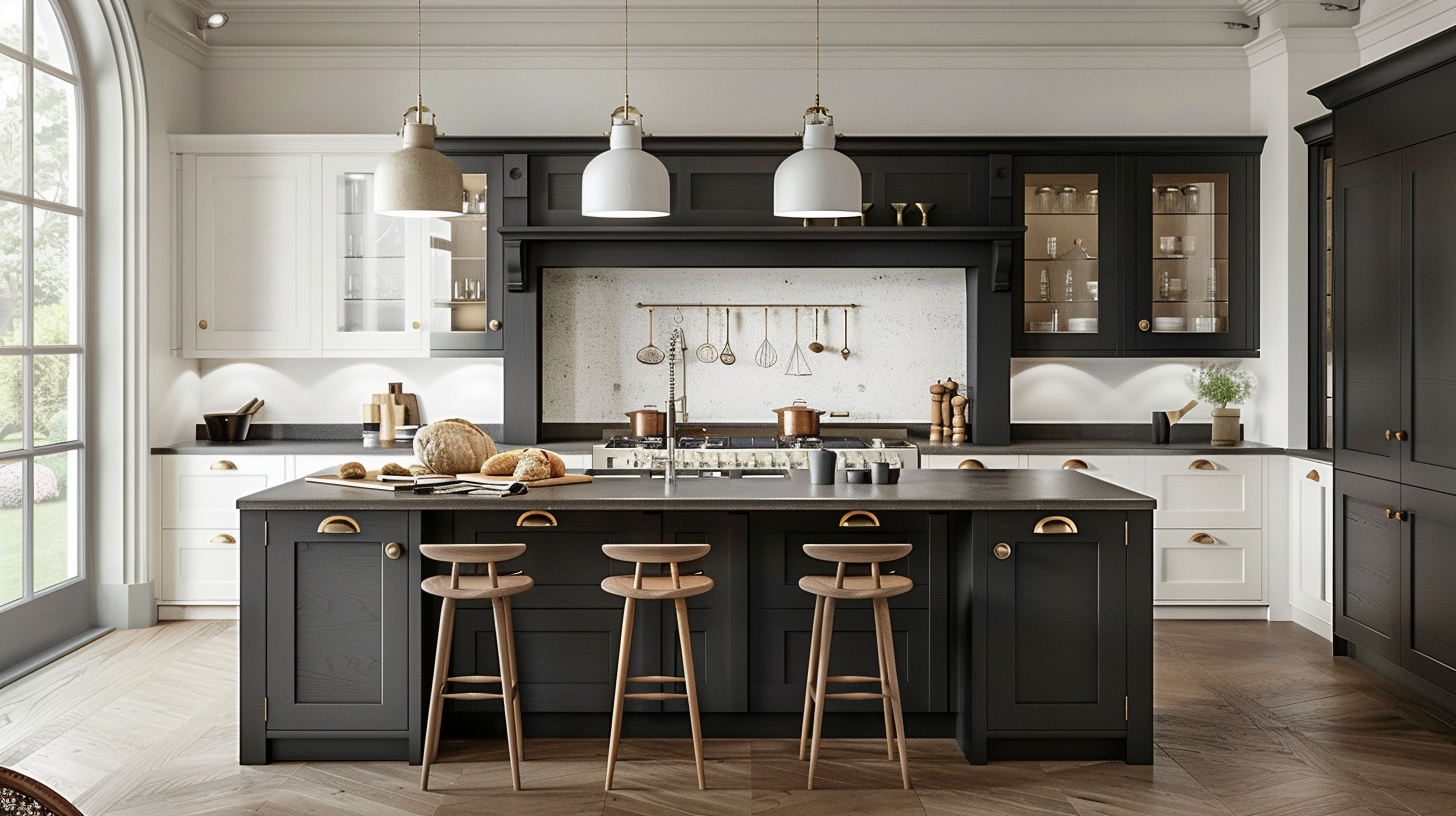 Timeless classic kitchen with dark gray solid surface countertops
