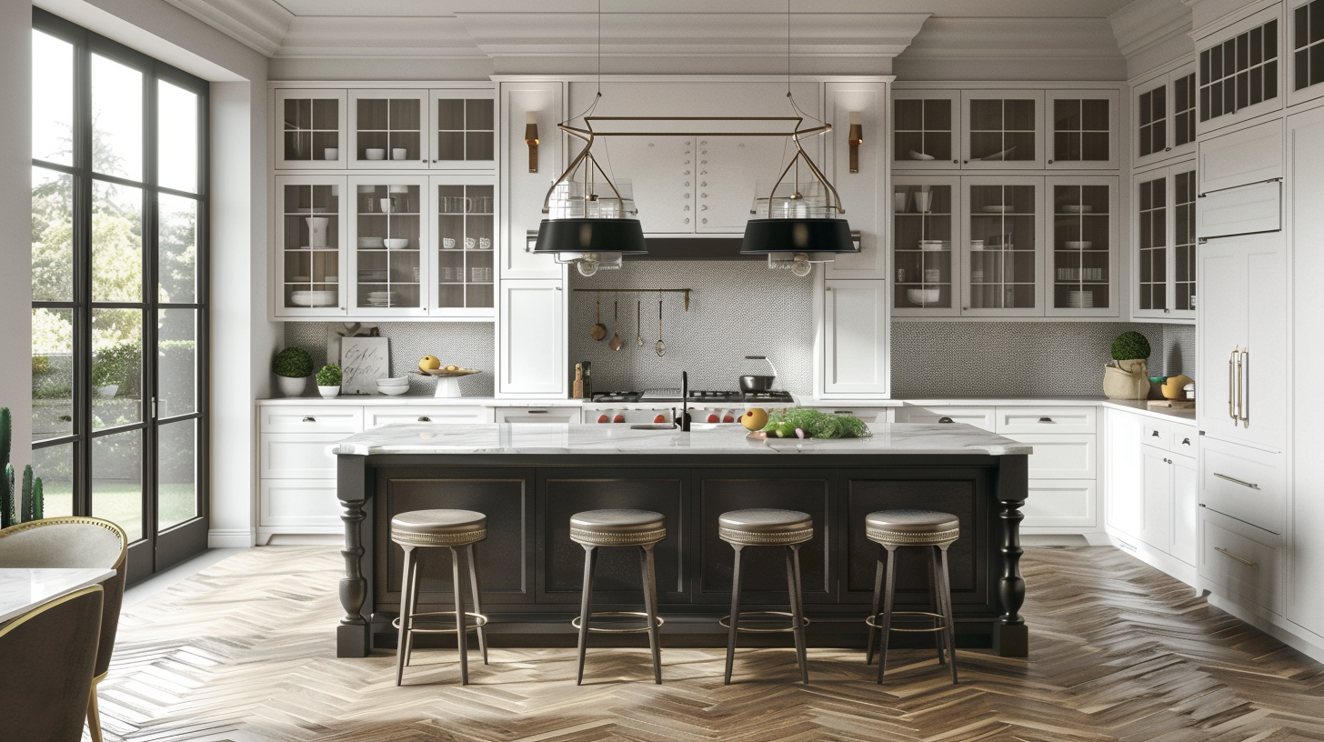 Transitional kitchen with gray countertops and herringbone floors