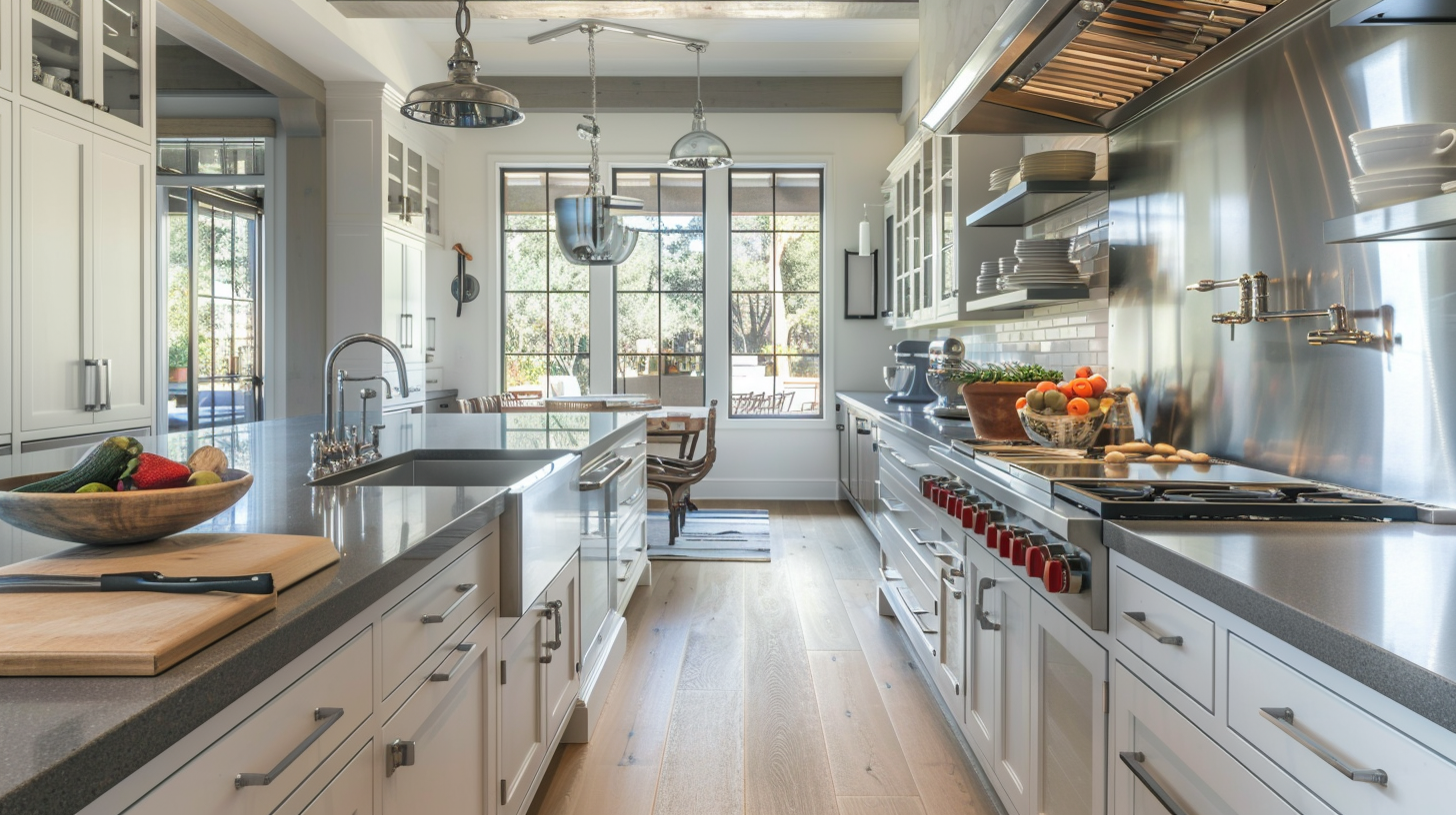 Transitional Kitchen with White Cabinets and Stainless Steel Gray Countertops