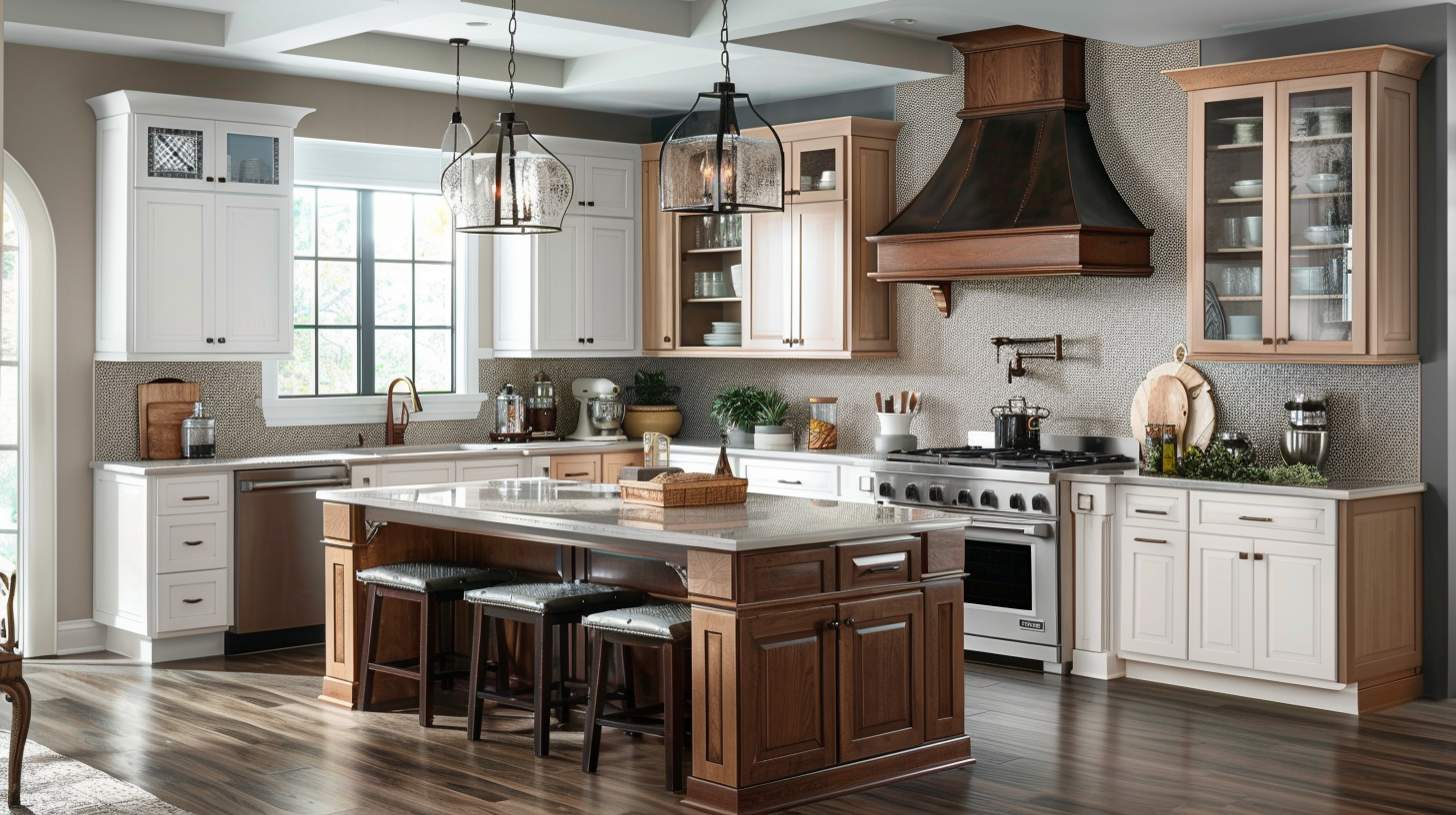 Two-Tone Transitional Kitchen with Dark Gray Granite Countertops and White Brown Cabinets