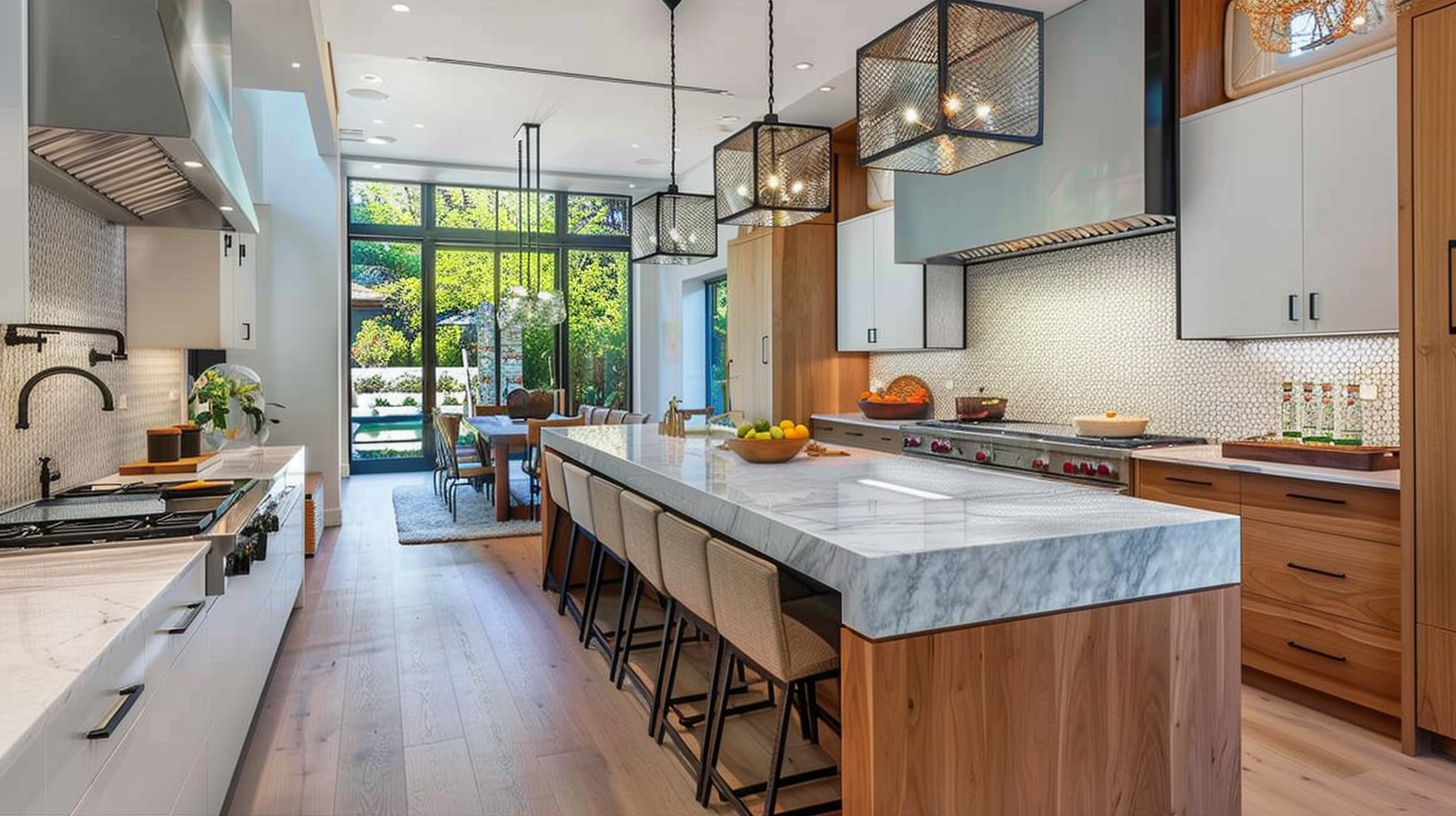 Warm contemporary kitchen with marble gray countertops