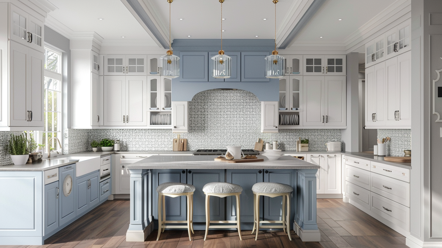 White and blue transitional kitchen with gray countertops and backsplash