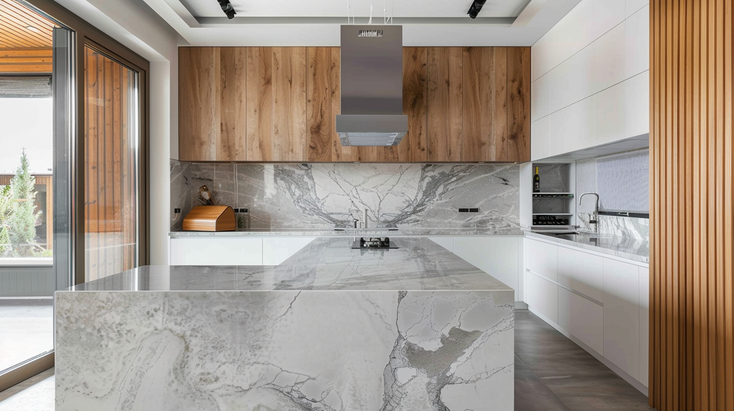 White and gray contemporary kitchen with marble gray countertops and backsplash