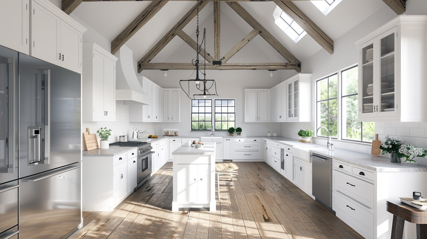 White farmhouse kitchen with gray countertops and high ceilings