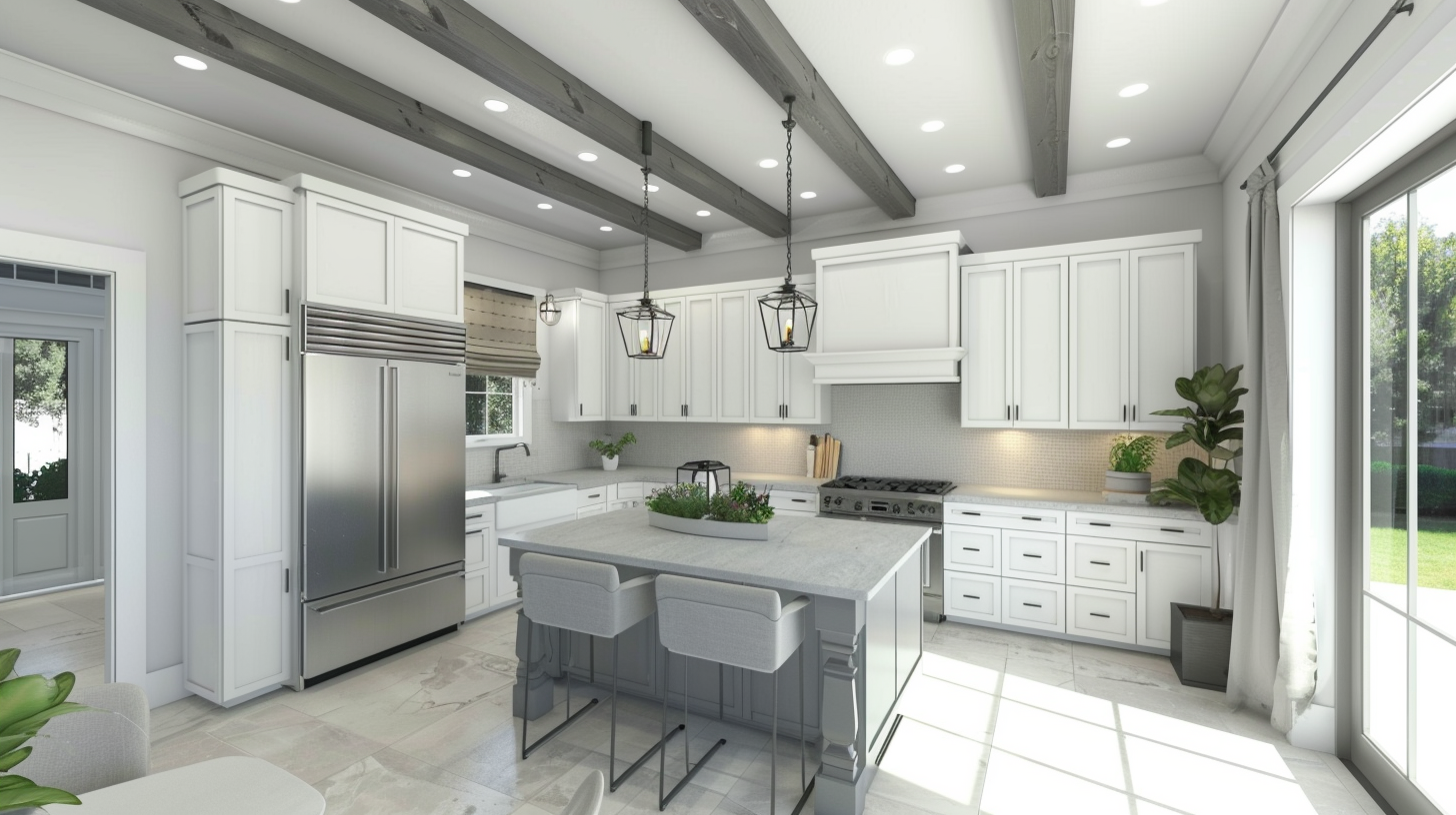 White transitional kitchen with gray countertops and led lights