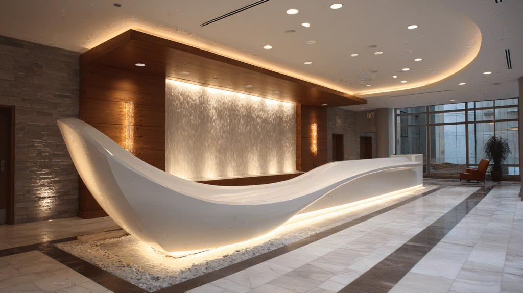 custom reception desk with water feature