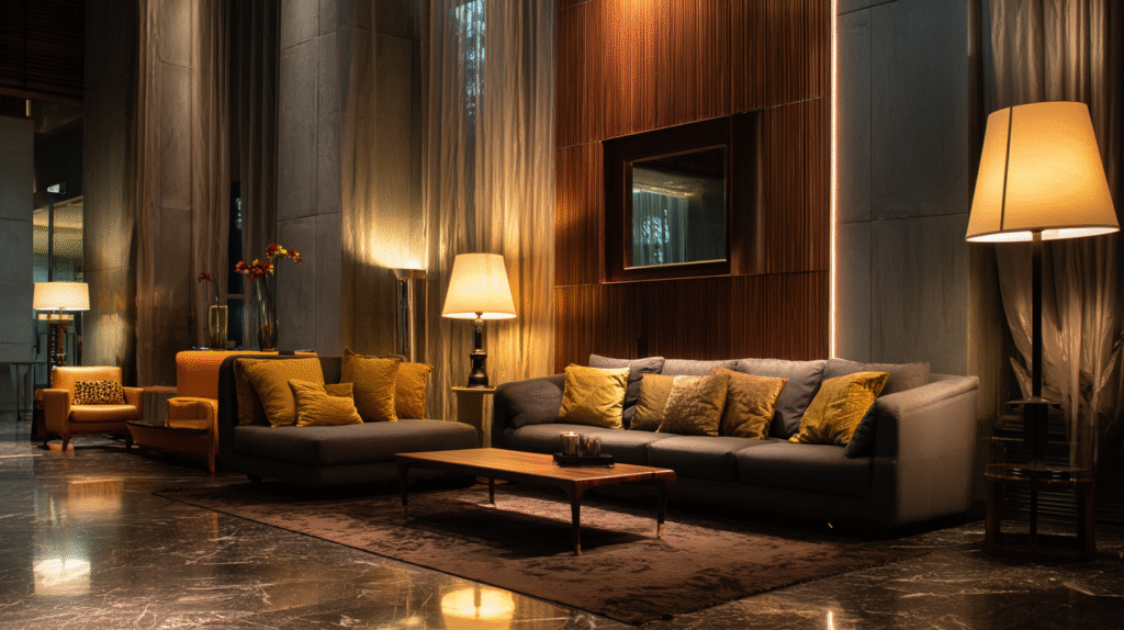 floor lamps and table lamps next to the sofa