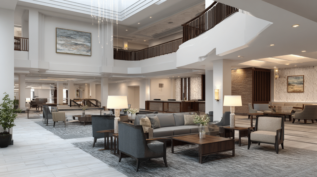 Large Timeless Grays and Earthy Tones hotel lobby design