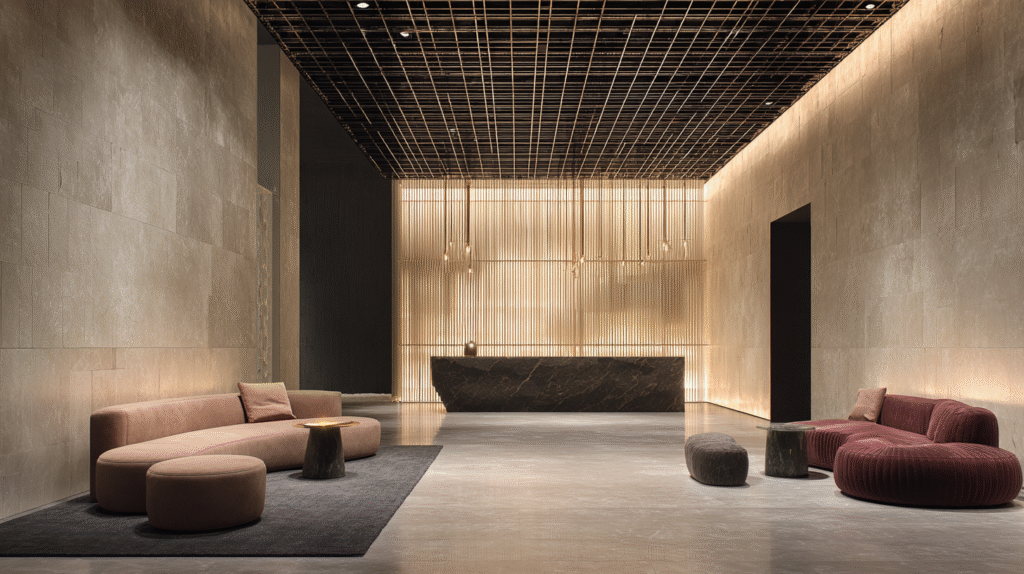 high-end and minimalist hotel lobby with simple design
