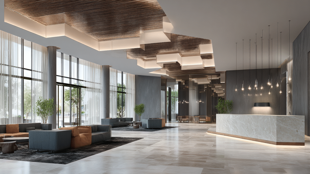 natural light and recessed lighting for hotel lobby